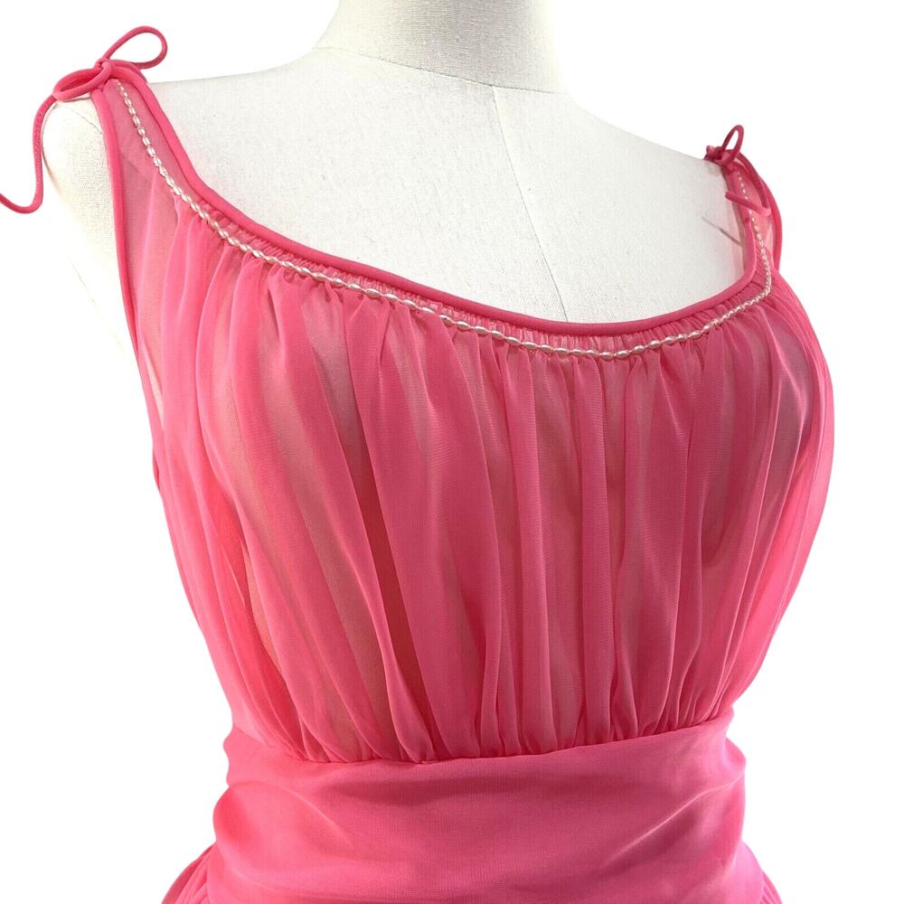 Vintage 50s Bubblegum Pink Nylon Chiffon Pearl Trim Babydoll Nightie Set Size M - Picture 2 of 16